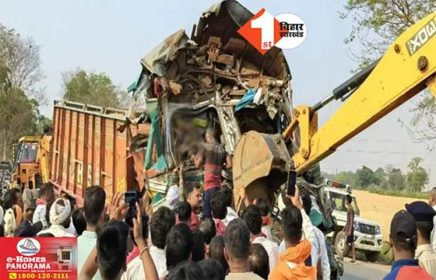 TWO TRUCKS COLLIDED ON NH-120, DRIVER DIED, BODY TAKEN OUT BY CUTTING THE CABIN