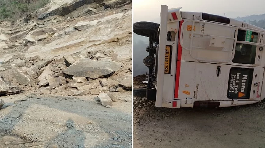 मंडी-अटारी हाईवे पर पारच्छु ढांक में अचानक लहासा गिरने से ट्रैवलर आई चपेट में, बाल-बाल बचे 11 लोग