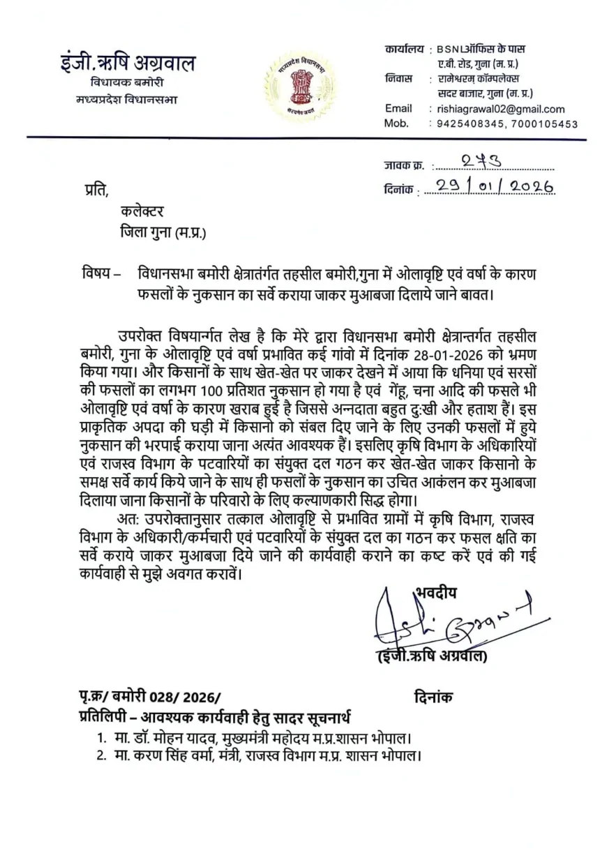 ओलावृष्टि-बारिश से फसलें बर्बाद, विधायक ने कलेक्टर को लिखा पत्र