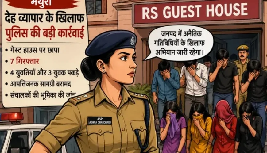 मथुरा में देह व्यापार पर पुलिस की बड़ी कार्रवाई, गेस्ट हाउस पर छापा मार 7 गिरफ्तार