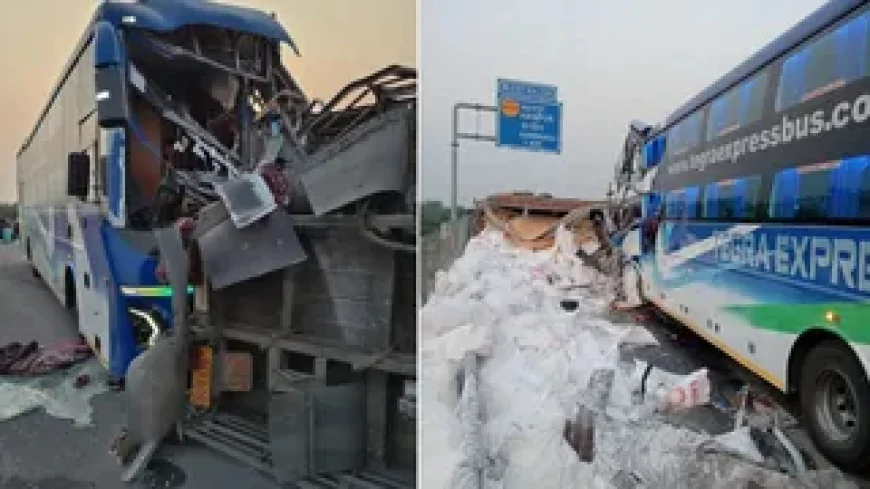 लखनऊ-आगरा एक्सप्रेसवे पर भीषण हादसा: ट्रक से भिड़ी डबल डेकर बस, 13 यात्री घायल