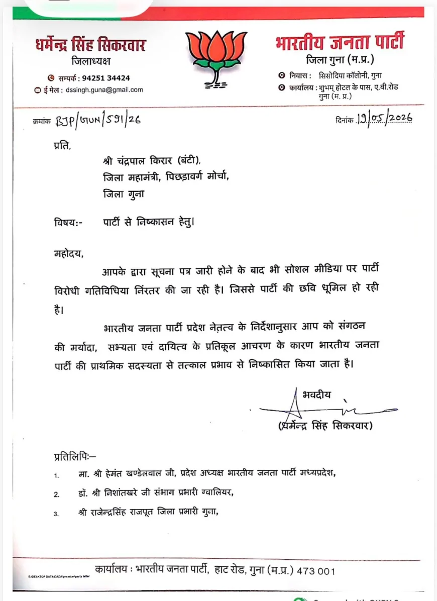 सोशल मीडिया पर पार्टी विरोधी गतिविधियां पड़ी भारी, भाजपा ने जिला महामंत्री चंद्रपाल किरार को किया निष्कासित