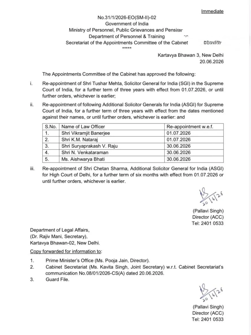 Tushar Mehta Re-Appointed as Solicitor General of India for Three More Years