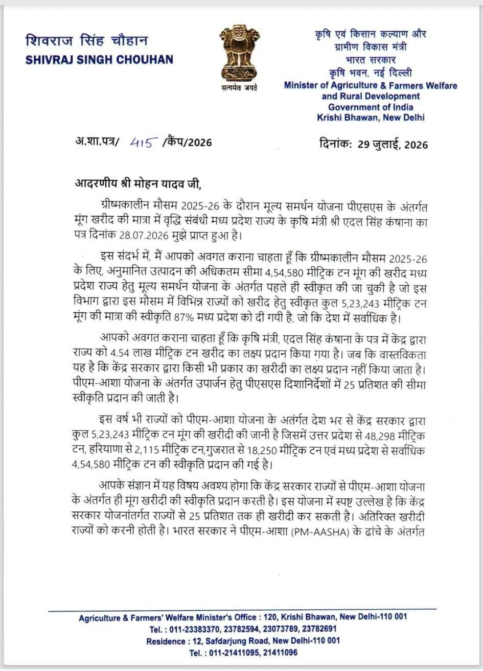 मूंग खरीदी पर शिवराज सिंह चौहान का सीएम मोहन यादव को पत्र, केंद्र से मिली स्वीकृति के अनुसार खरीद सुनिश्चित करने का आग्रह