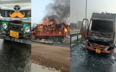 धारूहेड़ा में दिल्ली-जयपुर हाईवे पर हादसा, डंपर से टकराने के बाद कैंटर में लगी आग