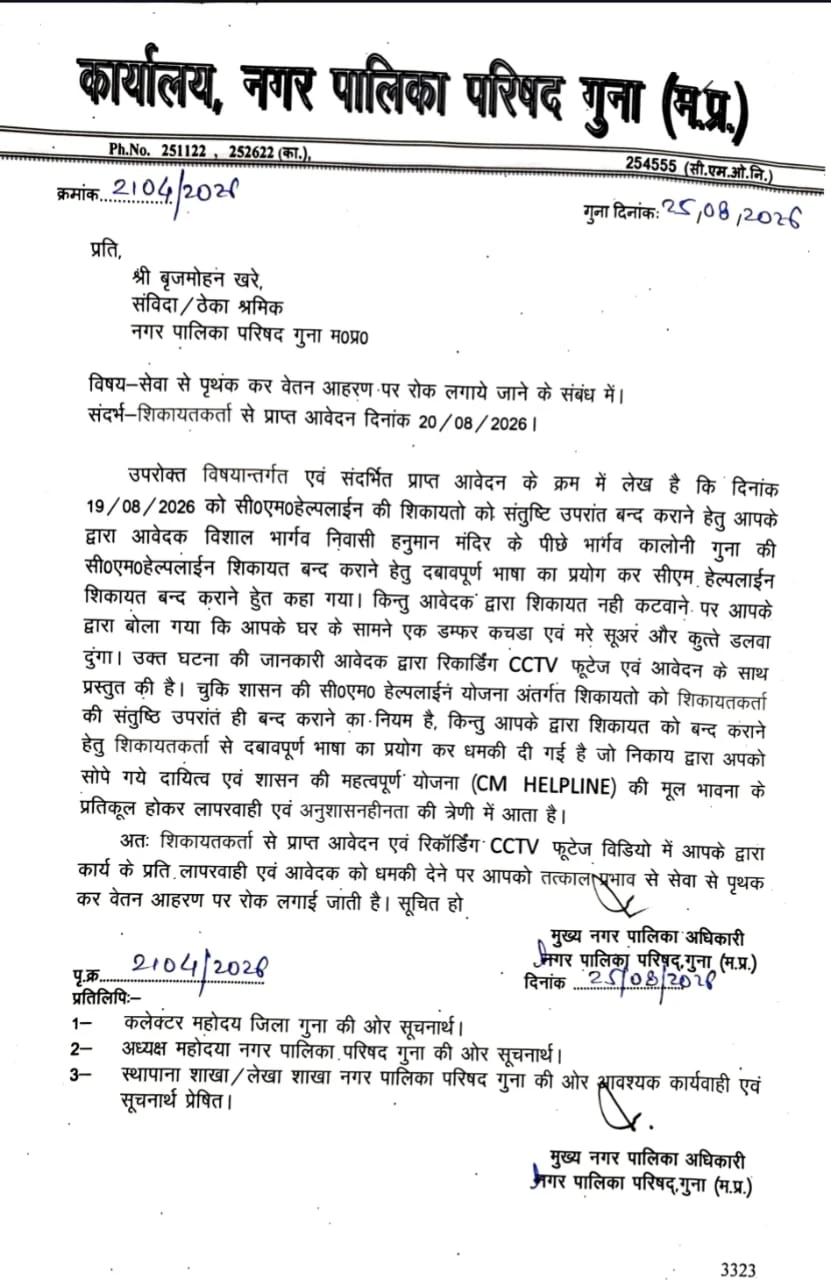 CM हेल्पलाइन शिकायत में धमकी देना संविदा कर्मी को पड़ा भारी, गुना नपा ने बृजमोहन खरे को सेवा से किया पृथक