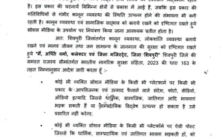 शिवपुरी में सोशल मीडिया पर आपत्तिजनक पोस्ट, लाइक-कमेंट और शेयर पर प्रतिबंध, कलेक्टर ने जारी किया आदेश