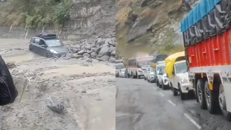 किन्नौर में पागल नाले में आया भारी मलबा, एनएच-5 बंद; मलबे में कार फंसी