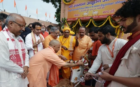 जन्माष्टमी पर कृष्ण जन्मभूमि पहुंचे सीएम योगी, गो-पूजन के बाद श्रद्धालुओं पर की पुष्पवर्षा; जयकारों से गूंजा परिसर