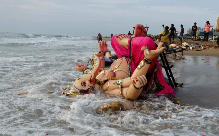 चेन्नई में गणेश प्रतिमा विसर्जन के बाद समुद्र तट पर जमा कचरे की सफाई शुरू