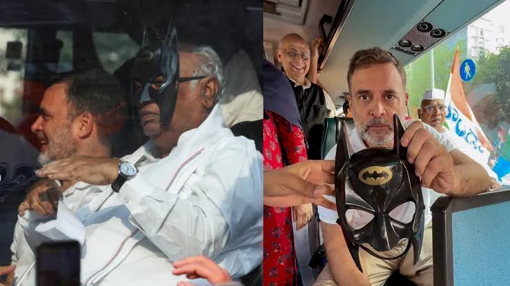 इंडिया गठबंधन के मार्च में दिखा बैटमैन का क्रेज, राहुल गांधी ने खरगे को पहनाया मास्क