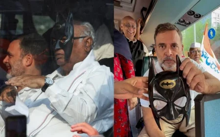 इंडिया गठबंधन के मार्च में दिखा बैटमैन का क्रेज, राहुल गांधी ने खरगे को पहनाया मास्क